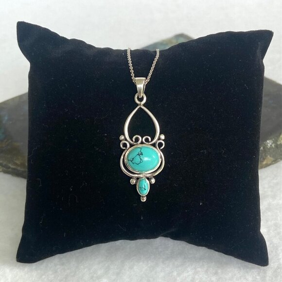 Sterling Silver 925 Scrollwork Turquoise Cabochon Pendant Necklace 16"-18" Chain - Picture 3 of 16